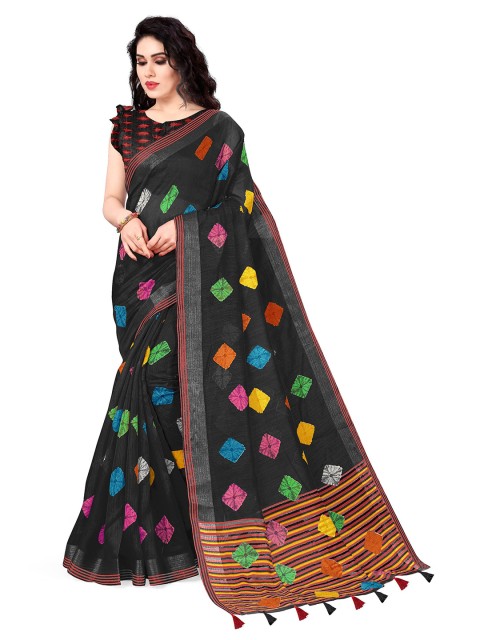 

KALINI Women Black & Multicolor Bandhani Print Poly Cotton Saree