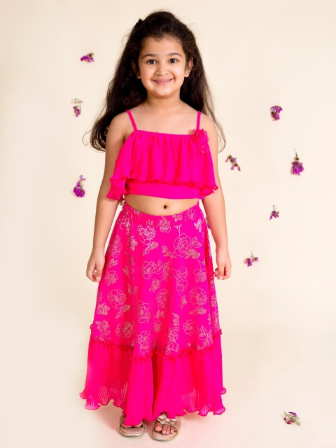 

pspeaches Girls Pink & Silver-Toned Foil Print Ready to Wear Lehenga & Choli