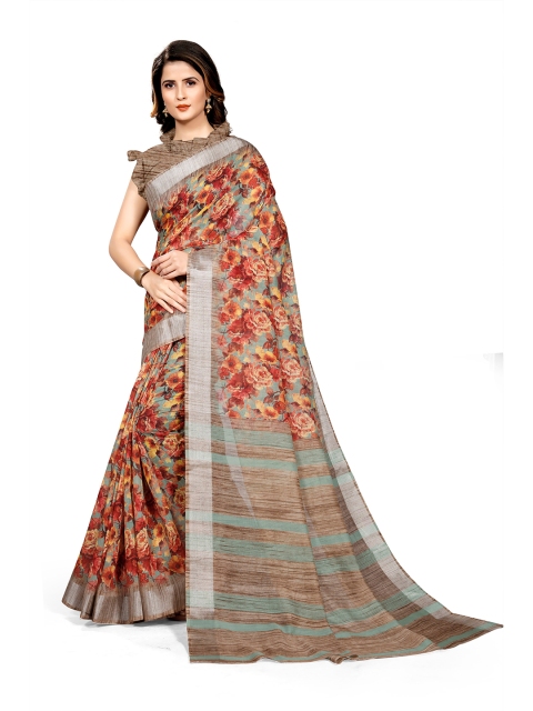 

KALINI Women Brown & Red Floral Print Bagh Saree With Unstitched Blouse