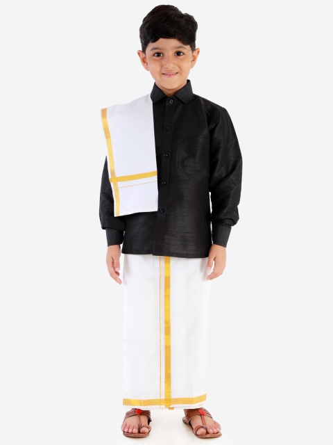 

VASTRAMAY Boys Black & White Shirt with Mundu & Dupatta