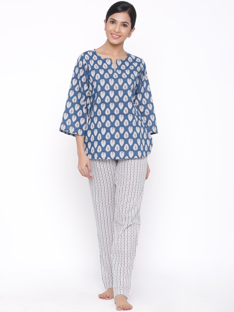 

WomenMagic Women Blue & White Printed Night suit