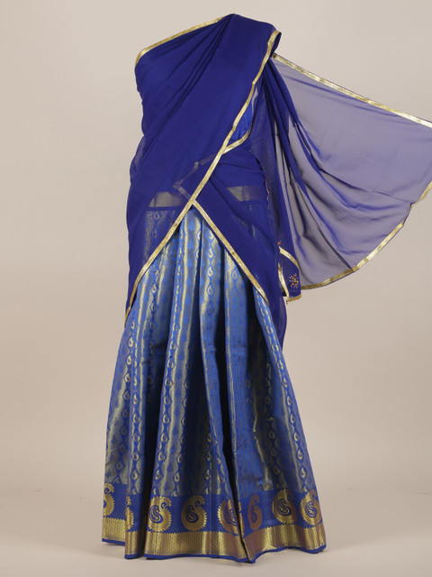 

Pothys Women Blue & Gold -Toned Ethnic motifs Traditional Half Saree