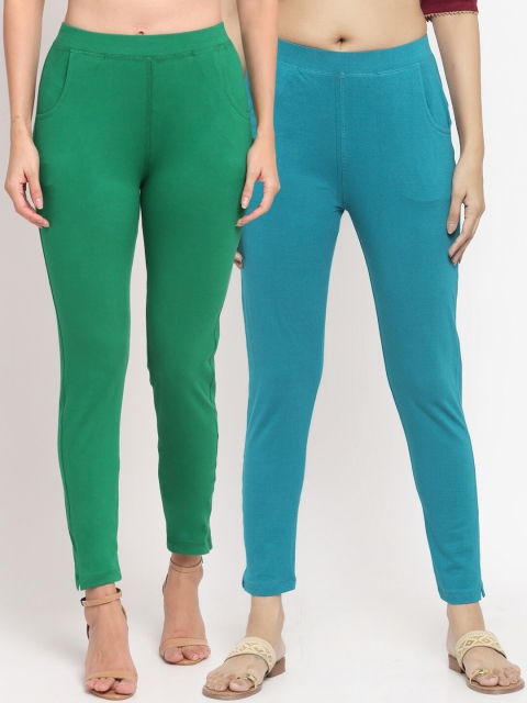 

NEUDIS Women Pack Of 2 Solid Straight-Fit Ankle-Length Leggings, Green