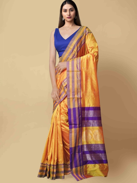 

Unnati Silks Orange & Blue Zari Silk Cotton Handloom Narayan Peth Saree