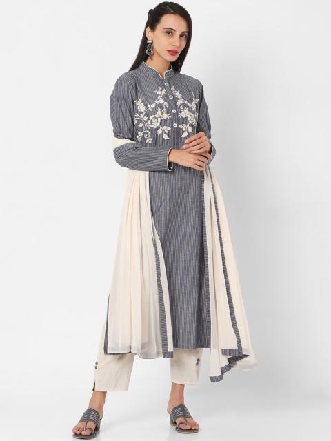 

SALWAR STUDIO Women Grey Striped High Slit Thread Work Kurta with Trousers & With Dupatta