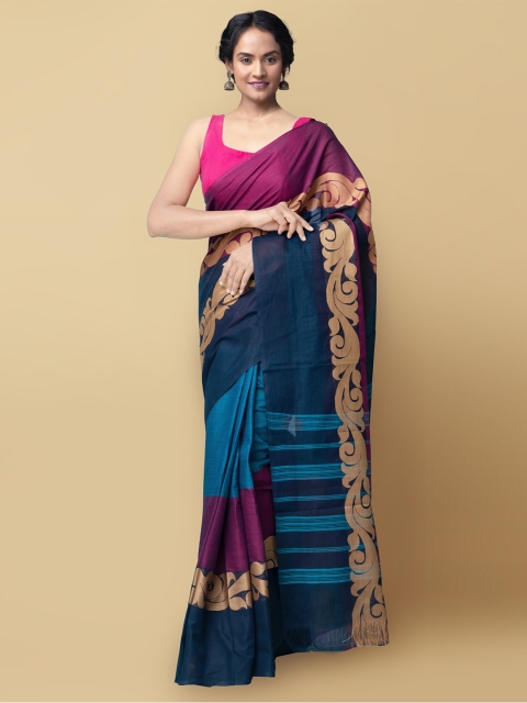 

Unnati Silks Blue & Purple Colourblocked Pure Cotton Handloom Chettinad Saree