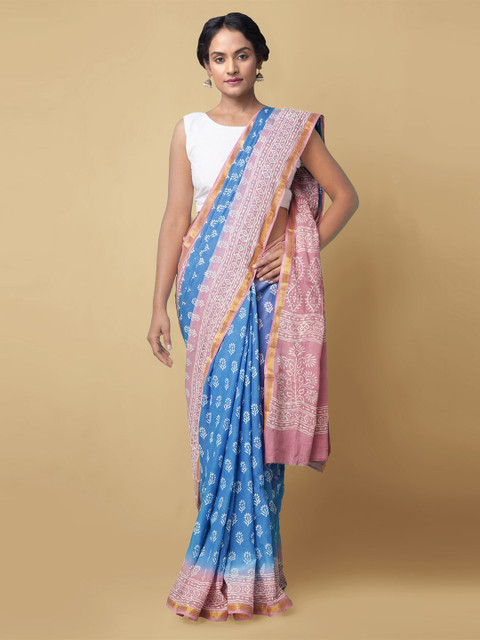 

Unnati Silks Blue & Pink Ethnic Motifs Pure Cotton Block Print Saree