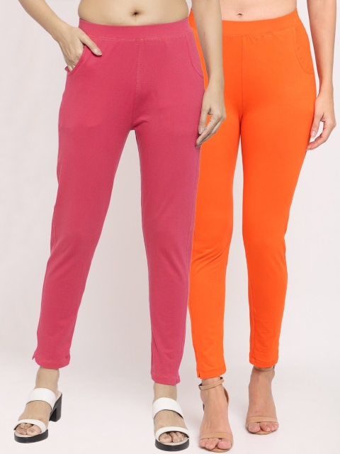 

NEUDIS Women Pack Of 2 Solid Ankle-Length Leggings, Orange