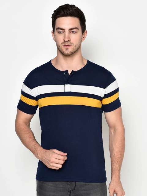 

ELEGANCE Men Navy Blue Striped Henley Neck T-shirt