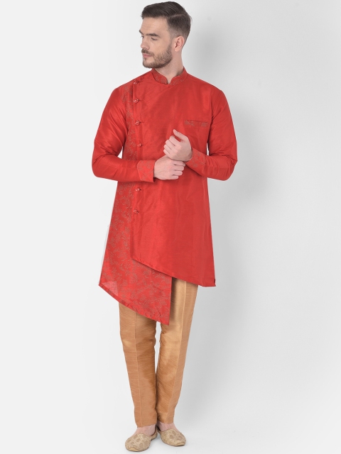 

SG LEMAN Men Red Floral Printed Angrakha Raw Silk Kurta with Pyjamas