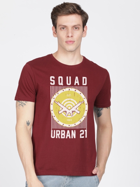 

MASH UNLIMITED Men Maroon & Yellow Typography Printed Slim Fit T-shirt