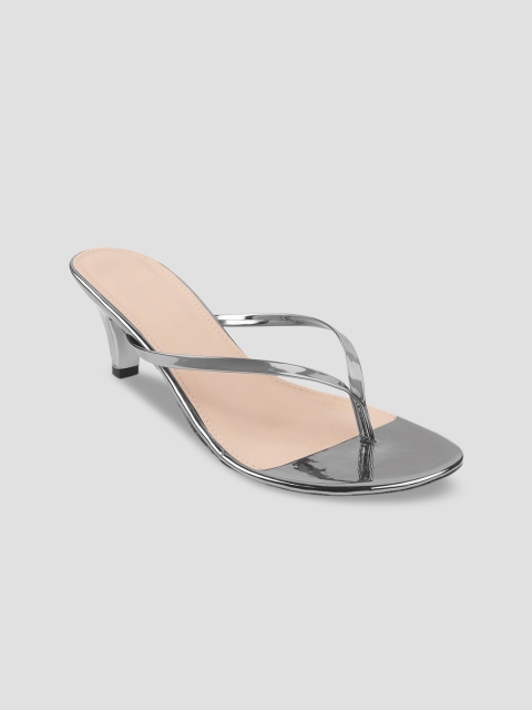 

LEMON & PEPPER Women Gunmetal-Toned Kitten Heeled Open Back Sandals, Metallic
