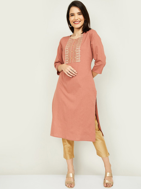 

Melange by Lifestyle Women Peach-Coloured Yoke Design Mirror Work Kurta