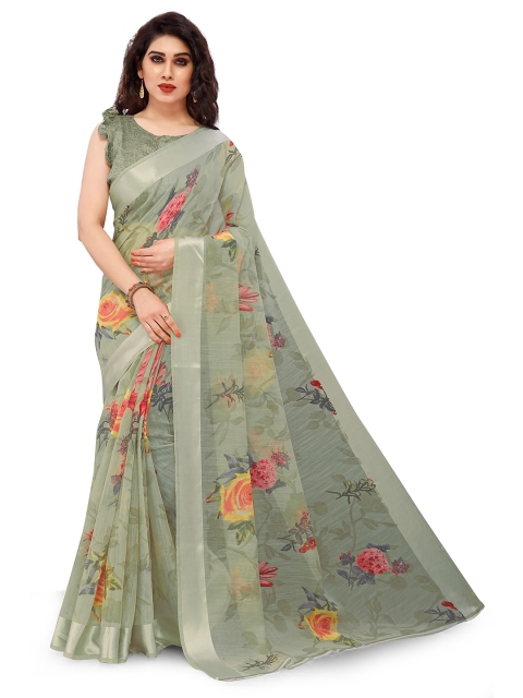 

KALINI Women Green & Pink Floral Print Bagh Saree With Unstitched Blouse