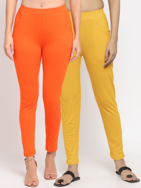 

NEUDIS Women Pack Of 2 Solid Ankle-Length Leggings, Orange