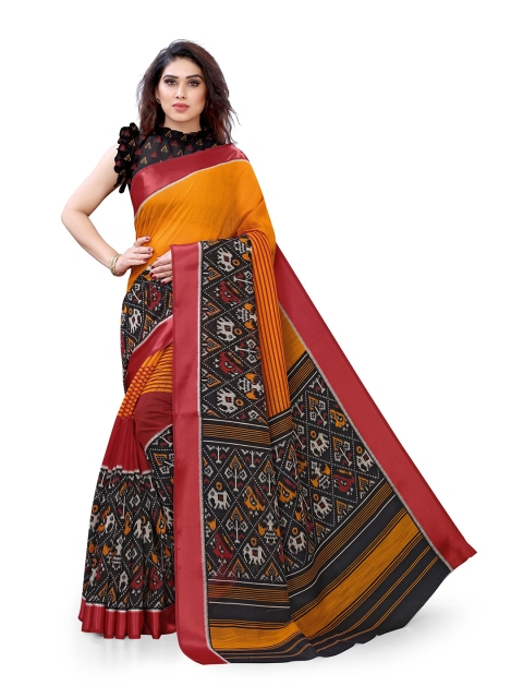 

KALINI Orange And Yellow Aztac Print Ikat Saree With Unstitched Blouse