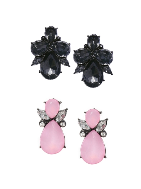 OOMPH Set of 2 Pink & Black Contemporary Studs Earrings