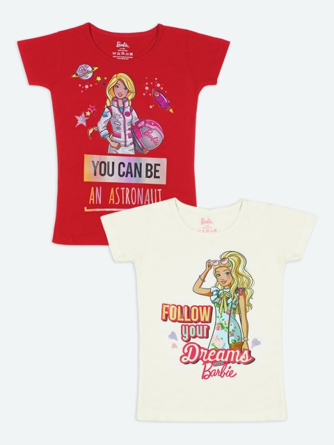

Barbie Girls Red & Off White Pack Of 2 Printed Cotton T-shirt