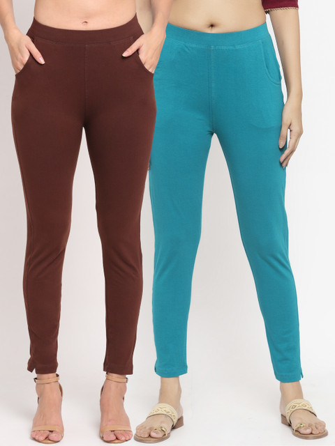 

NEUDIS Women Pack Of 2 Solid Ankle-Length Straight-Fit Leggings, Brown