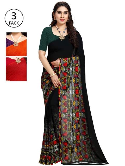 

KALINI Pack of 3 Red & Black Poly Georgette Saree