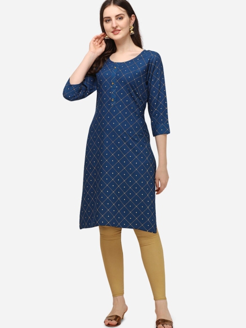 

Yuvraah Women Navy Blue & Beige Geometric Printed Kurta