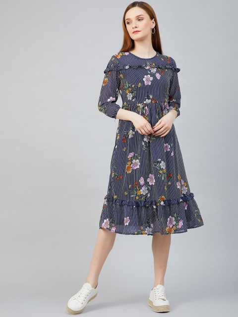 

RARE Women Blue Striped Floral Printed A-Line Midi Dress with Ruffle details