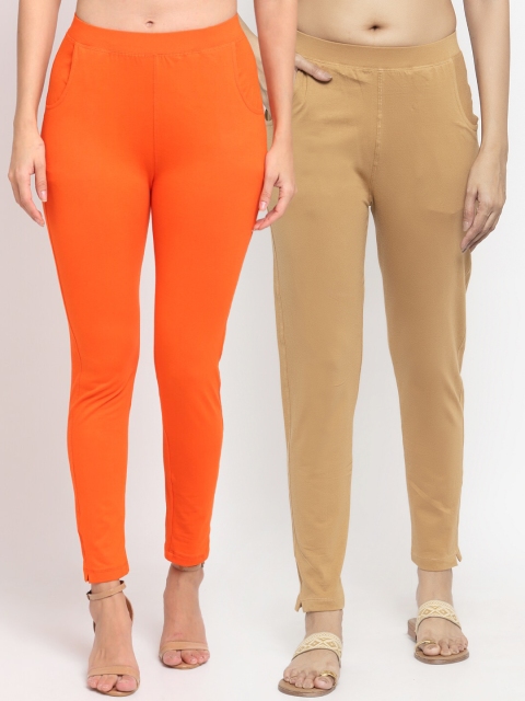 

NEUDIS Women Pack Of 2 Solid Straight-Fit Ankle-Length Leggings, Orange