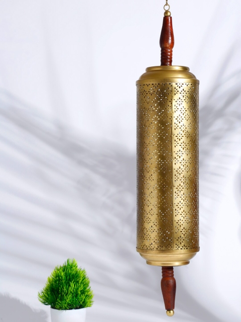 

Fabindia Gold-Toned & Brown Cutwork Wooden Hanging Candle Holder