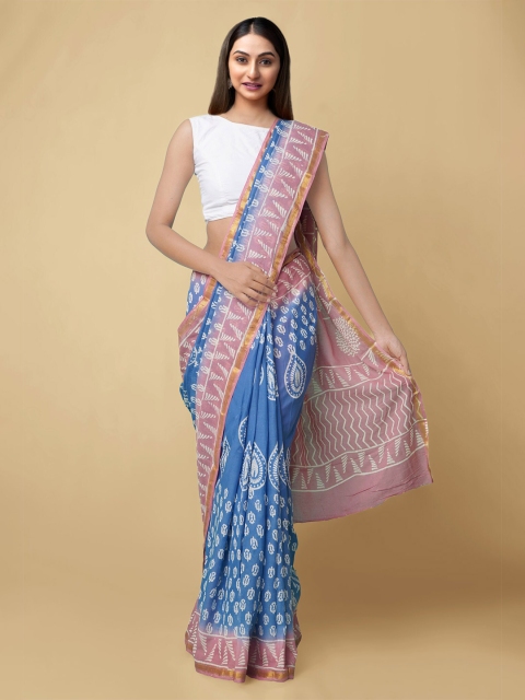 

Unnati Silks Blue & Pink Ethnic Motifs Zari Pure Cotton Block Print Saree