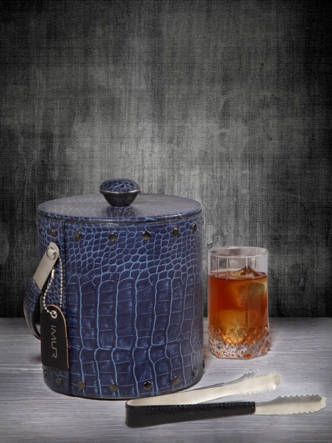 

IMUR Blue Textured Genuine Leather Ice Bucket with Tongs