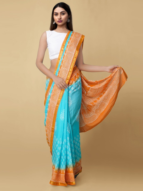 

Unnati Silks Turquoise Blue & Orange Batik Pure Cotton Block Print Saree