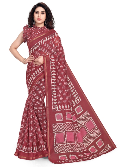 

KALINI Maroon & Off-white Batik Print Poly Cotton Saree