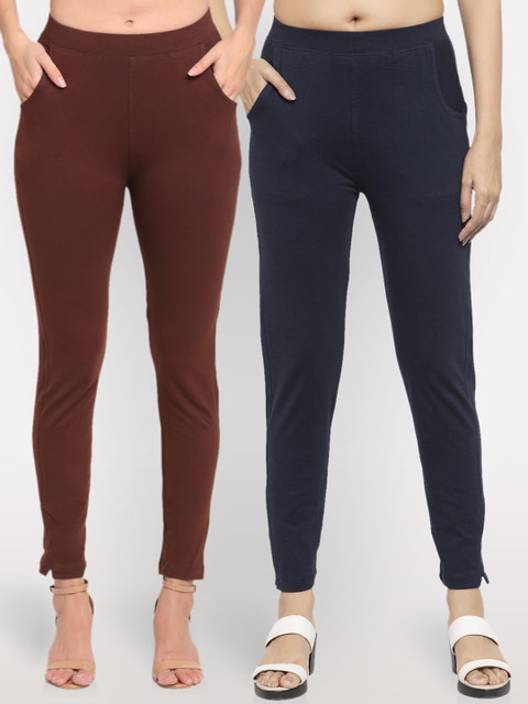

NEUDIS Women Pack Of 2 Solid Ankle-Length Leggings, Brown