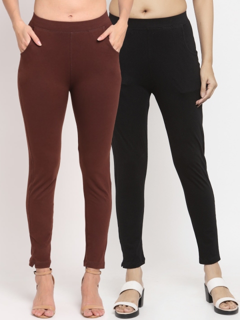 

NEUDIS Women Pack Of 2 Solid Straight-Fit Ankle-Length Leggings, Brown