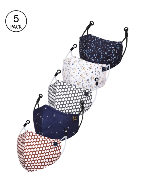 

CENWELL Unisex Pack Of 5 Blue Printed 6-Ply Reusable Pure Cotton 3D Cloth Masks