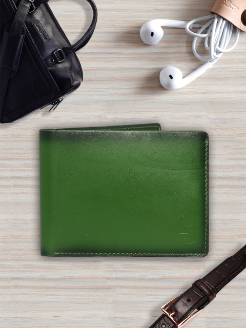 

LOUIS STITCH Men Green Textured Leather Two Fold Wallet with RFID