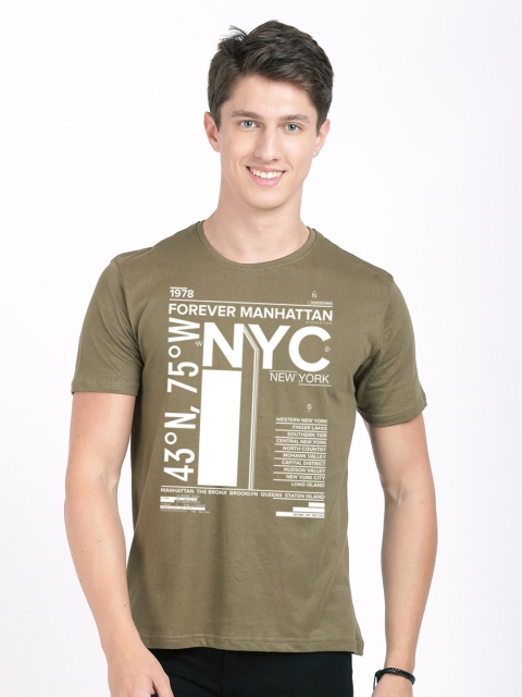 

MASH UNLIMITED Men Olive Green & White Typography Printed Slim Fit T-shirt
