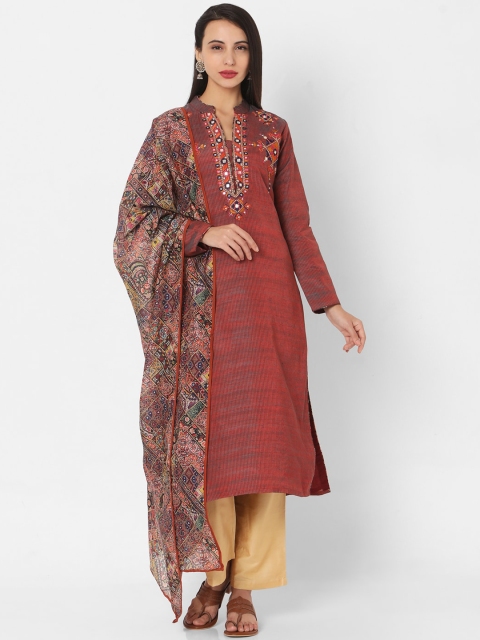 

SALWAR STUDIO Women Maroon & Beige Embroidered Kurta with Palazzos & With Dupatta