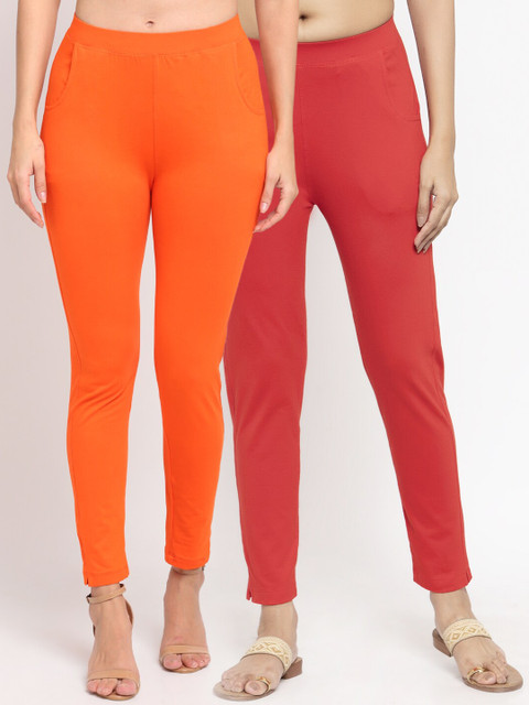 

NEUDIS Women Pack Of 2 Solid Straight-Fit Ankle-Length Leggings, Orange