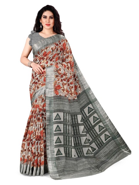 

KALINI Red & Grey Floral Polycotton Bagh Print Saree