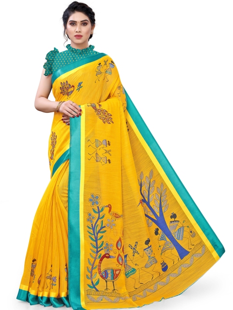 

KALINI Women Yellow and Teal Cotton Warli Printed Saree, Mustard