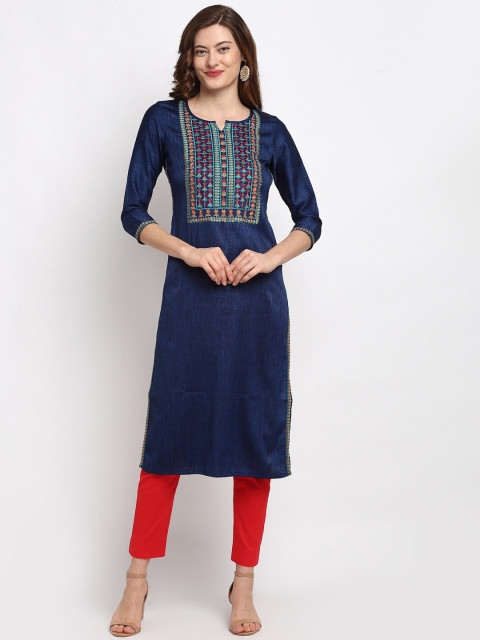 

Lovely Lady Women Navy Blue Geometric Yoke Design Flared Sleeves Mirror Work Kurta