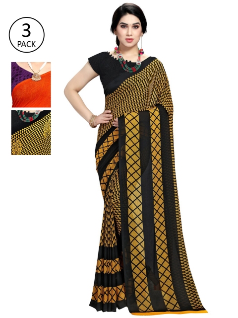 

KALINI Pack of 3 Orange & Yellow Poly Georgette Sarees