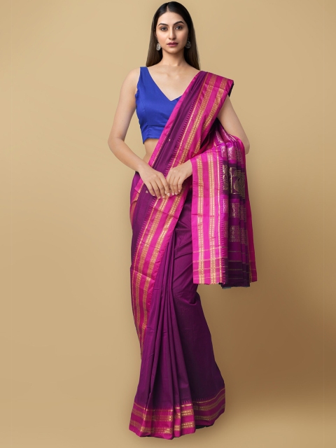 

Unnati Silks Purple & Pink Floral Zari Silk Cotton Handloom Narayan Peth Saree