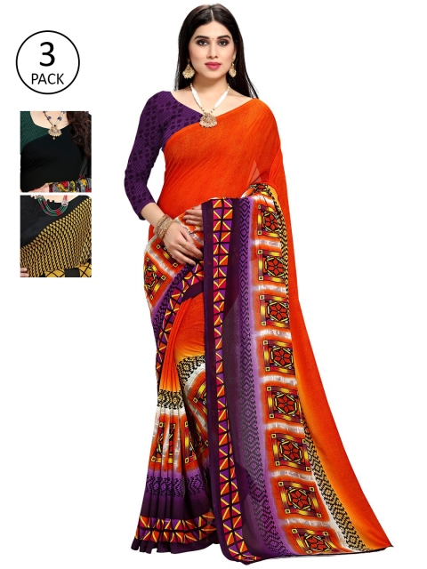 

KALINI Pack of 3 Yellow & Black Poly Georgette Sarees