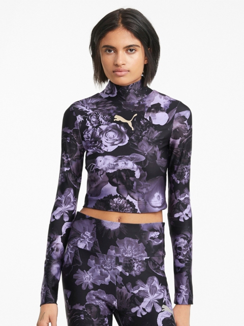 

Puma Women Purple Floral Printed High Neck Slim Fit T-shirt