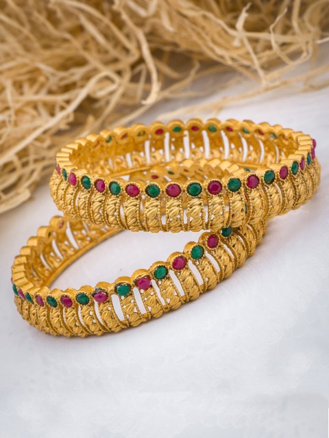 

Alankruthi Set Of 2 Gold-Plated Pink & Green Stone-Studded Handcrafted Temple Bangles