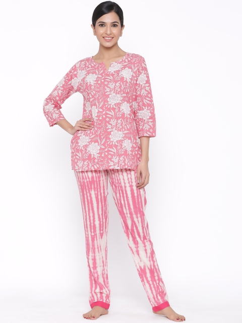 

WomenMagic Women Pink & White Printed Cotton Night suit