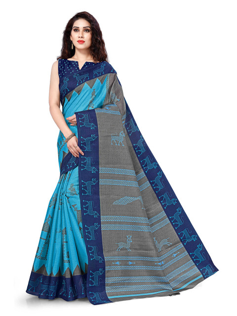 

KALINI Turquoise Blue & Grey Art Silk Abstract Print Saree