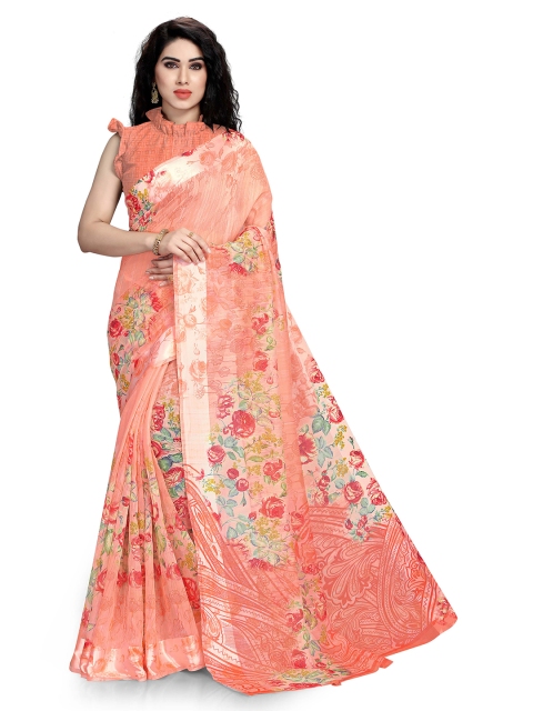 

KALINI Women Peach & Red Floral Print Bagh Saree With Unstitched Blouse